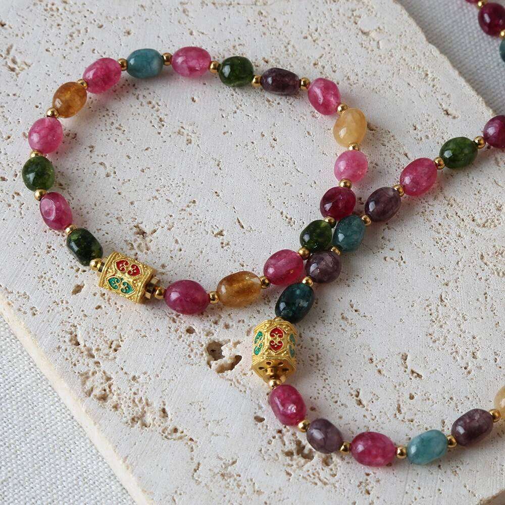 Bohemian Jewelry Natural tourmaline handmade beads Necklace Stainless Steel Tibet Adorned Pendant for Party Gift H260312