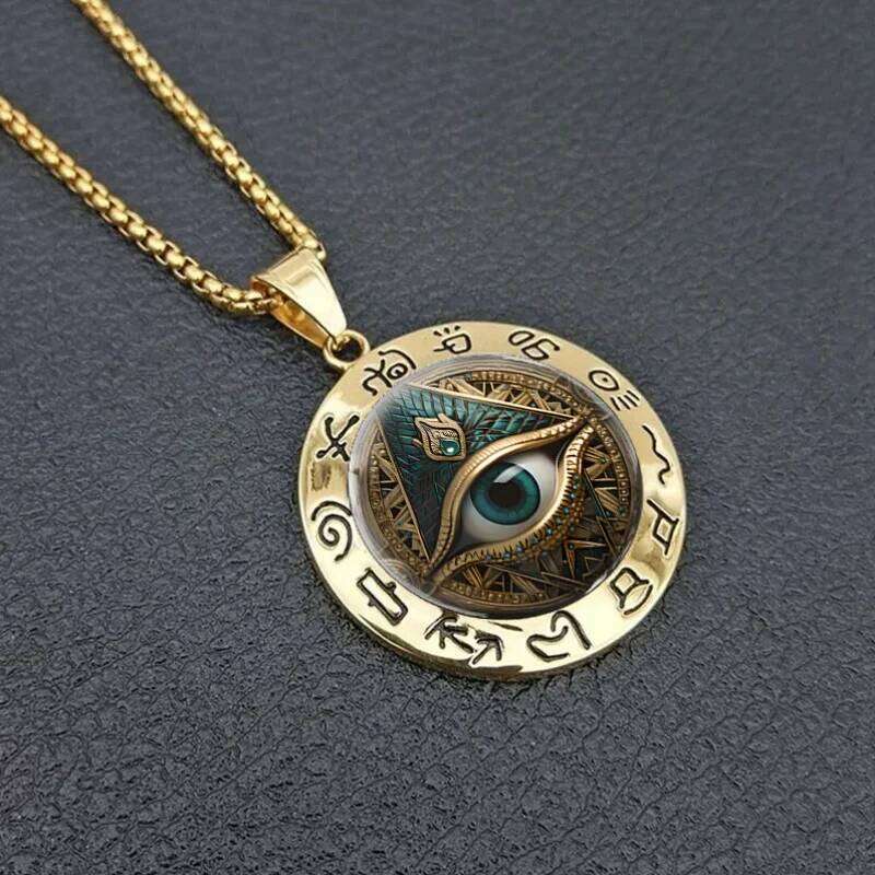 1 Piece Beautiful Ancient Egyptian Script Round Fashion Glass Alloy Gold Color Pendant Necklace H260312