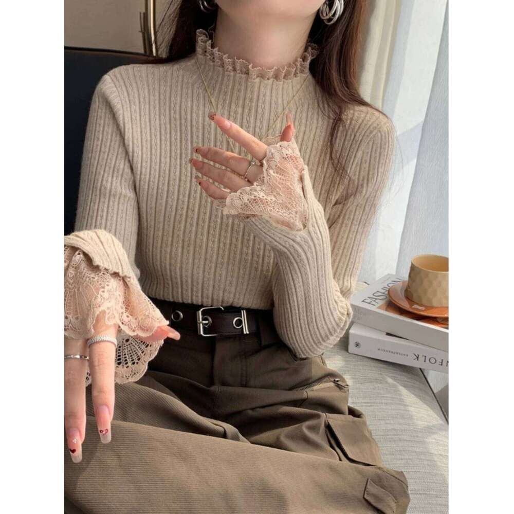 Spring Autumn Mock Neck Skinny Elastic Knitted Shirt Women Pullover Sweater Tops Female Long Sleeve Knit Patctwork Lace Shirts Z260313