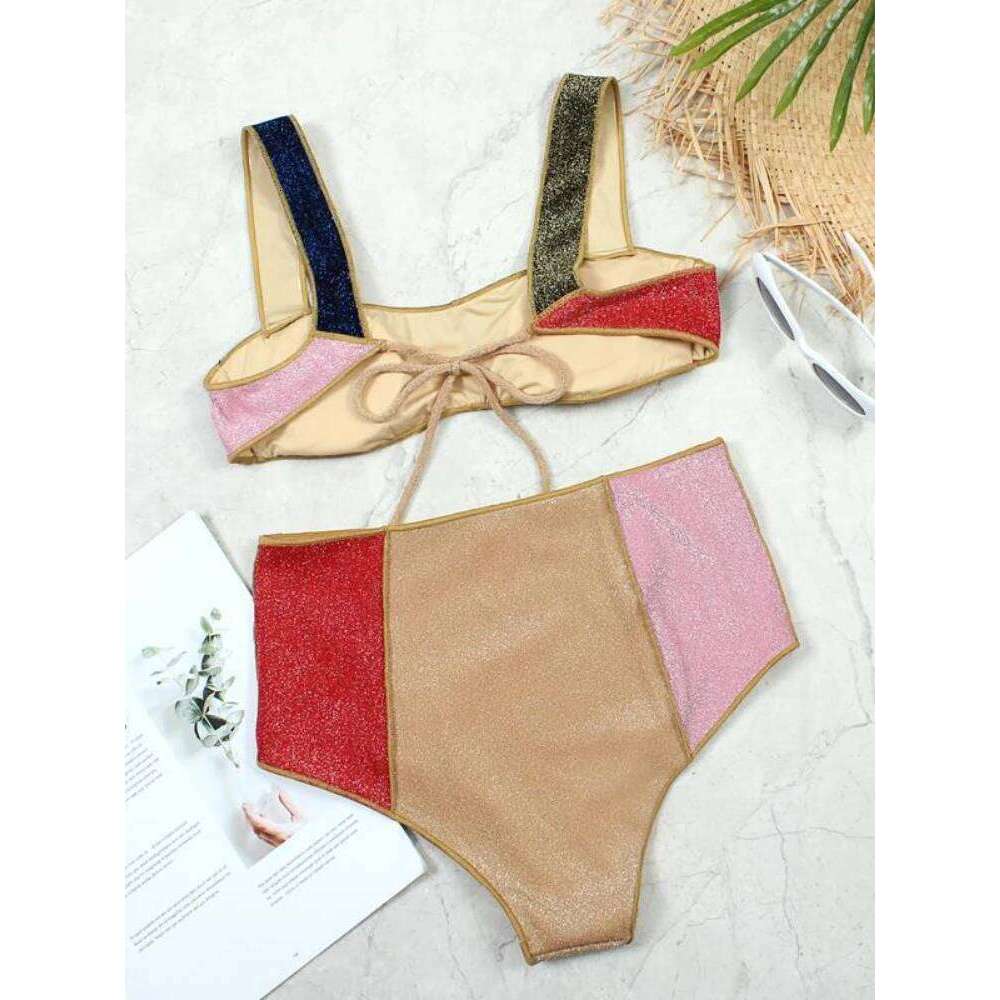 High Waist Bikini Women Swimsuit Contrast Patchwork Swimwear Female 2021 New Sexy Glitter Bathing Suits Summer Beach Wear XL Y260303