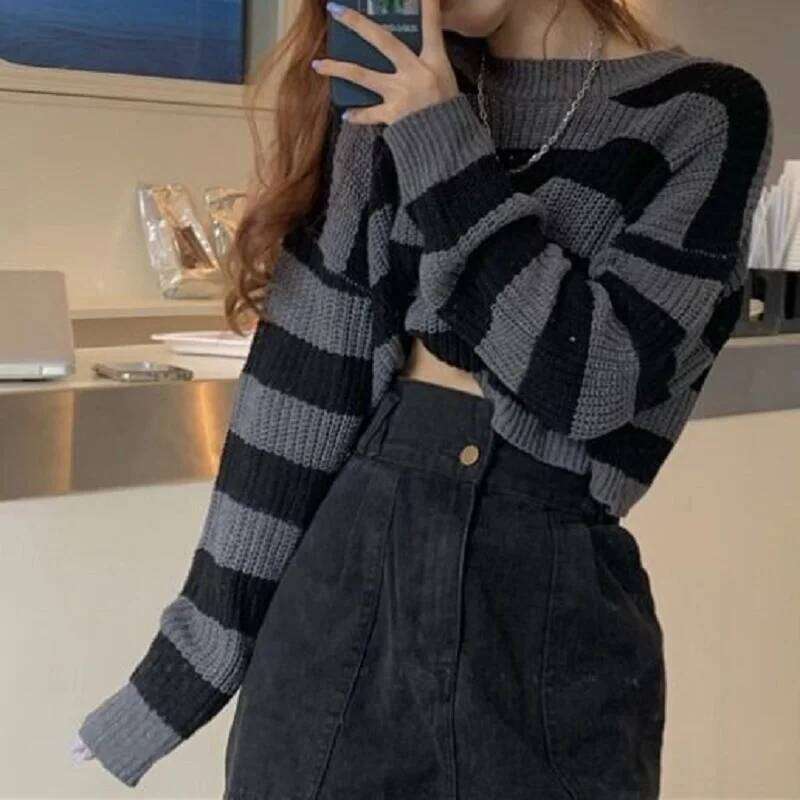Deeptown Korean Style Striped Cropped Sweater Women Vintage Oversize Knit Jumper Female Autumn Long Sleeve O-neck Pullovers Tops Z260313