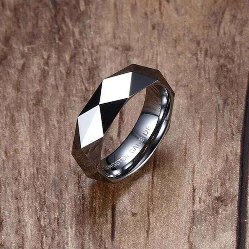 Faceted Wedding Band For Men,Mens Tungsten Carbide Rings, Polished Beveled Edge Comfort Fit H260312