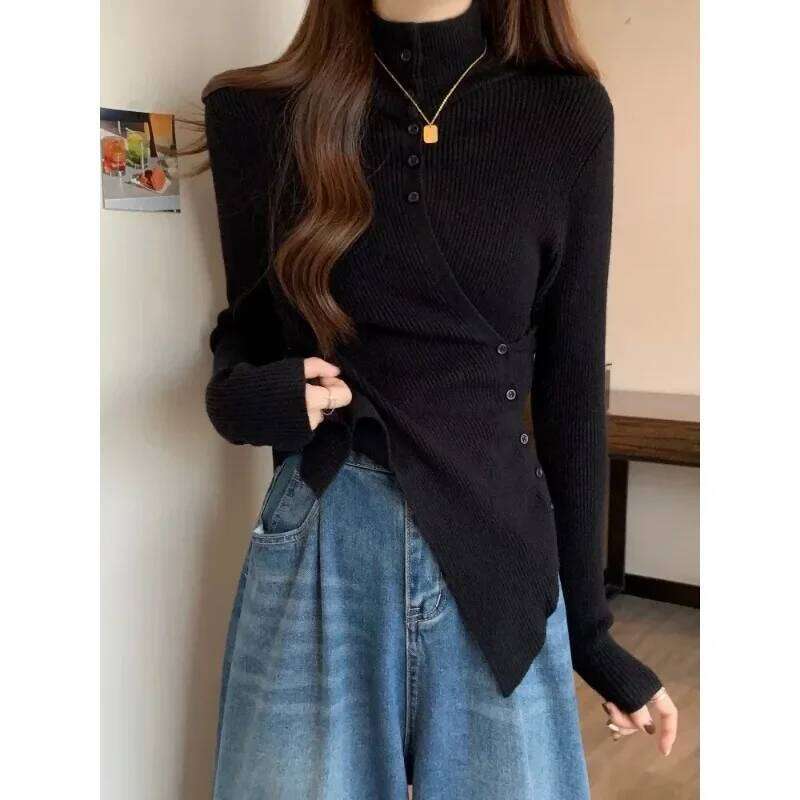 Deeptown Harajuku Black Turtleneck Women Sweaters Criss Cross Irregular Korean Fashion Button Knit Pullovers Slim Warm Aesthetic Z260313