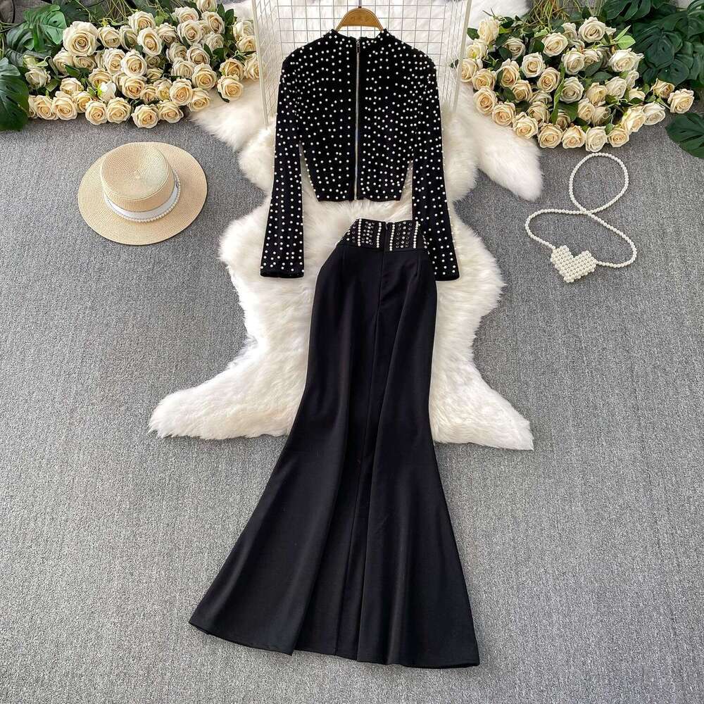 2026 European and American style bead and rhinestone decoration round neck short top, high waist slim fit a27 fish tail long style