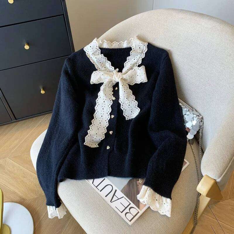 Lace Bow Knitting Cardigan Women Autumn Winter Elegant Slim Temperament Solid Color Sweater Coat Fashion All-match Knitwear Tops Z260313