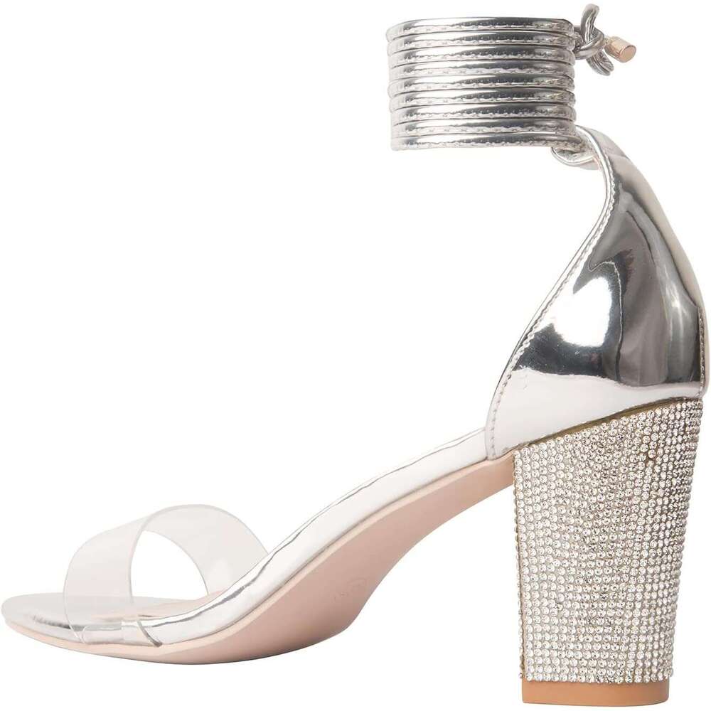 Women S Heeled Sandals With Rhinestone Clear Chunky Dress Heels Strappy Open Toe Party Wedding Shoes MOJIDASHU