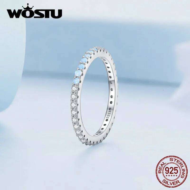 WOSTU 925 Sterling Silver Rainbow Blue Fire Opal Clear Zircon Simple Engagement Rings For Women Classical Roud Stacking Ring New H260312