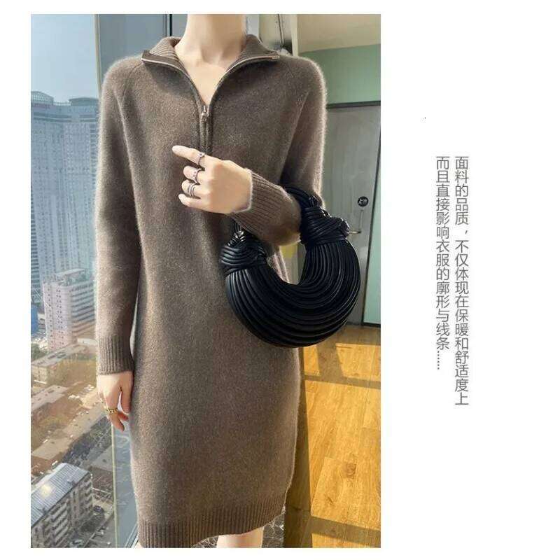 Autumn Winter Knitted Turtleneck Women's Long Skirts Loose Solid Color Versatile Sweaters for Outer Wear Z260313