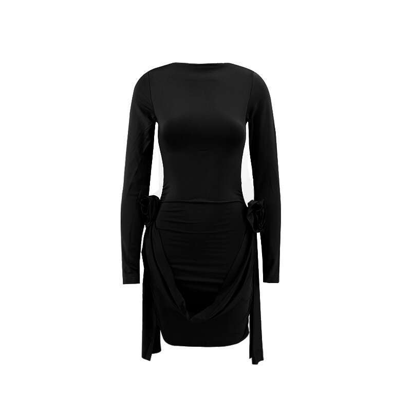 2026 designer European and American autumn/winter sexy hot girl single shoulder slim fit long sleeved 3D floral ribbon A15 short skirt