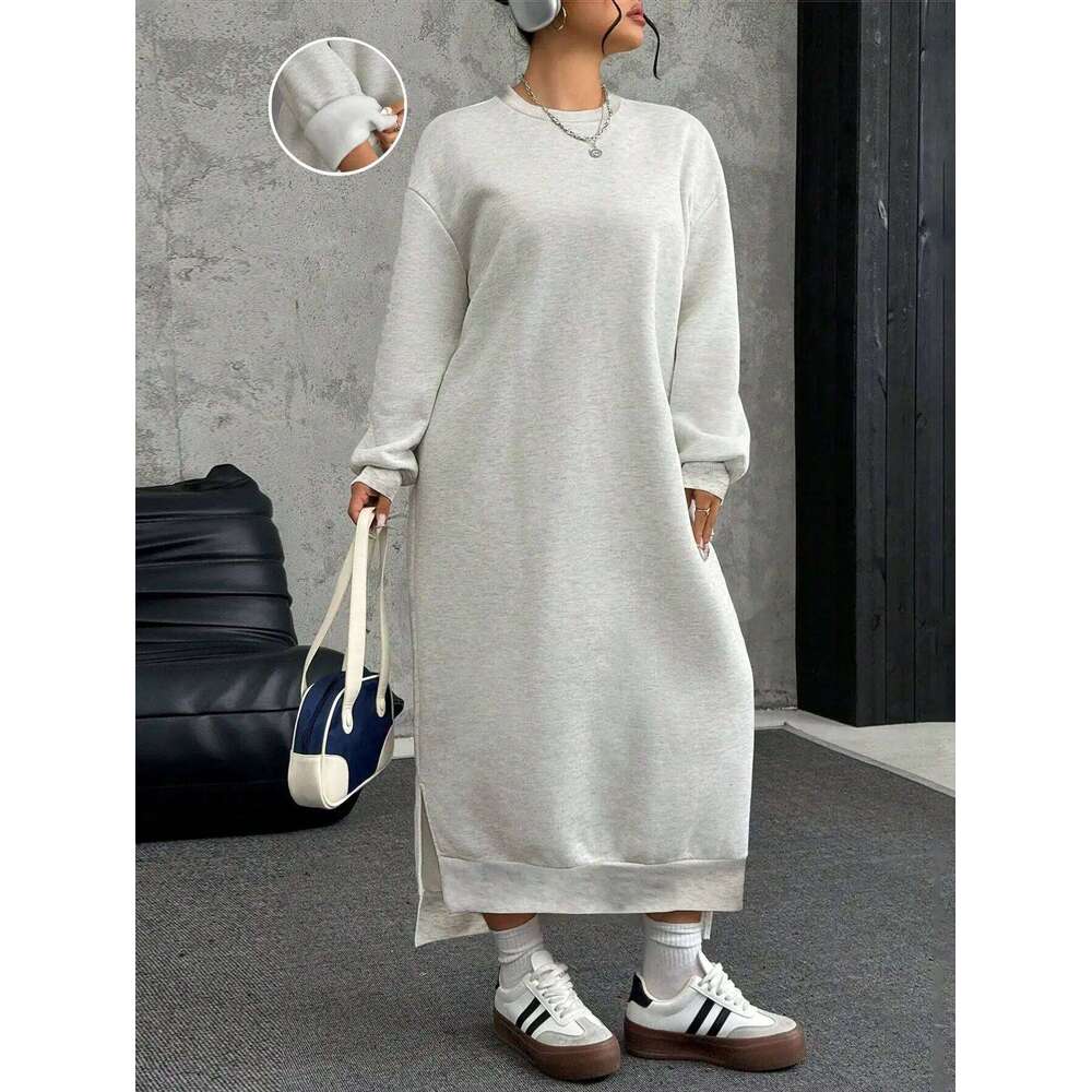 Plus Size Loose Casual Long Fleece Sweatshirt Dress, Autumn/Winter Sweater Dress Women Z260314