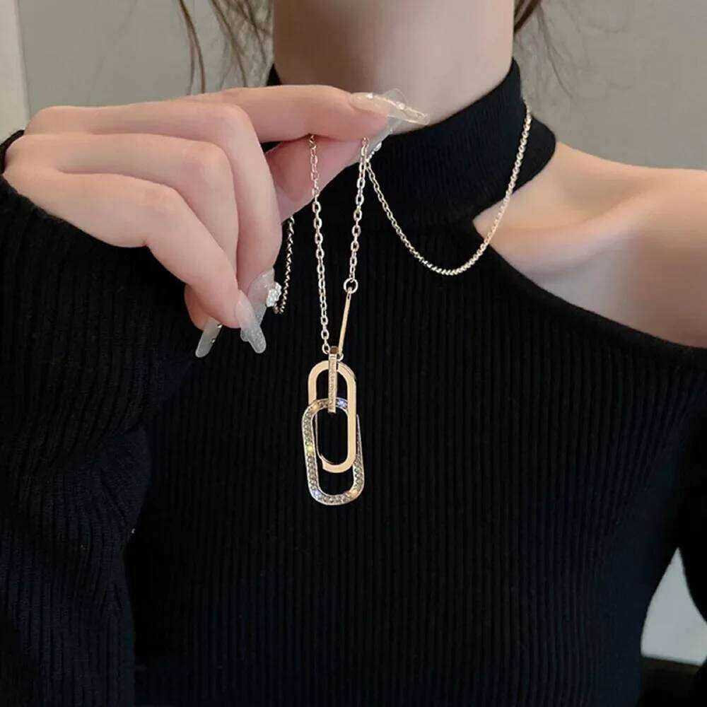 Minimalist Geometric Crystal Oval Square Pendant Necklace for Women Stainless Steel Long Sweater Chains Jewelry Statement Gift H260312