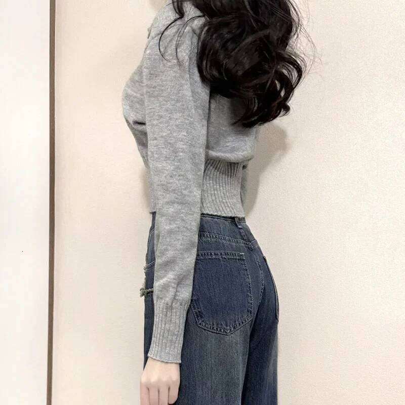 Korean Chic Turndown Collar Sweaters Female Gray Slim Fit Long Sleeve Cropped Sweater for Woman Streetwear Knit Pullovers Z260313