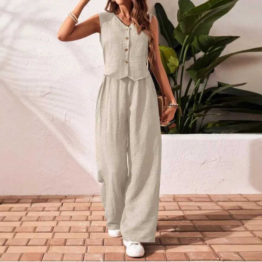 Spring Summer Bohemian Style Beach Vacation Set Women Sleeveless Vest Single-breasted Vest Wide-leg Pant Solid Color 2 Piece Set M260313