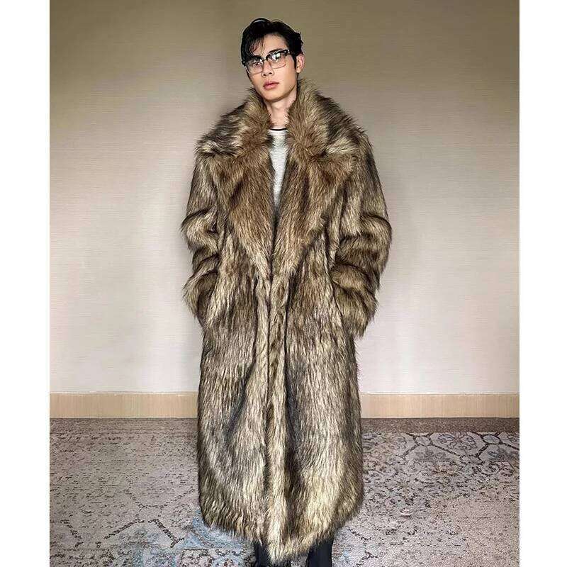 Men's fur coat, Wolf fox fur, lapel long overcoat, winter windproof and warm windbreaker, large size Z260313