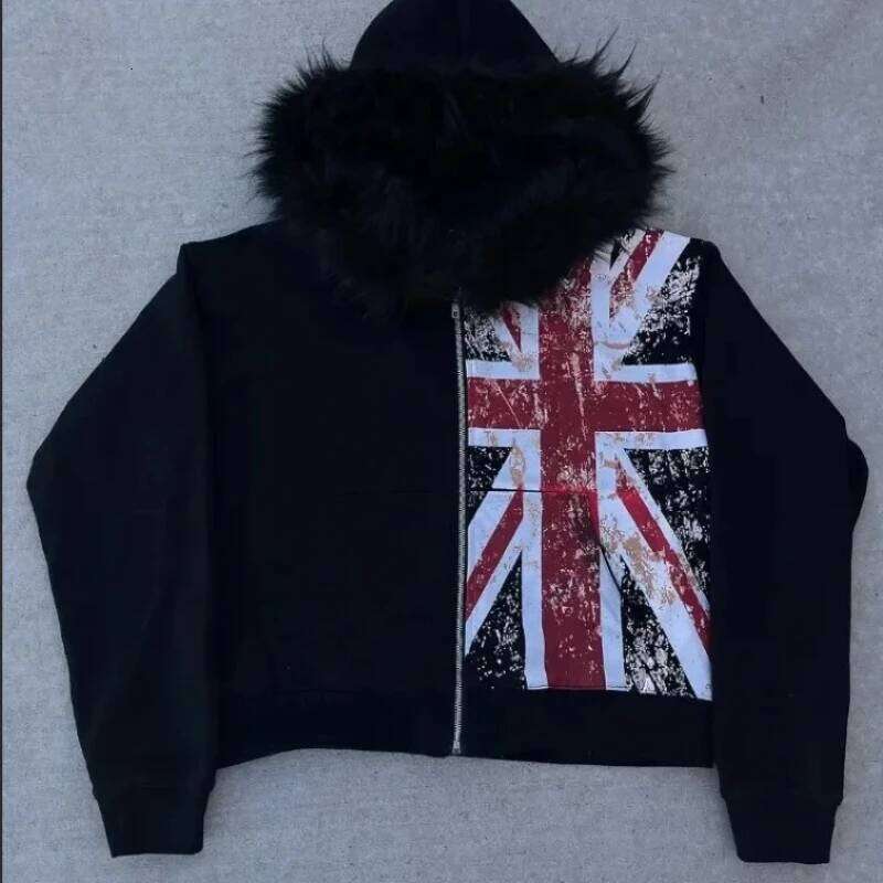 American retro autumn winter thick jacket Gothic printing drawing loose zipper sweatshirt men and women hoodie streetwear Z260315