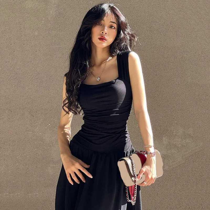 Black Wide Strap Maxi Dress for Women Summer Elegant Temperament High-Waist Party Long Dresses Sexy Ruched Bodycon Midi DressT260314