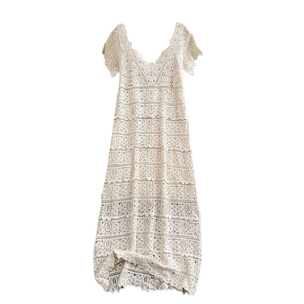 French Hepburn style long summer gentle style short sleeved a20 V-neck waist slimming A-line crochet hollow lace dress