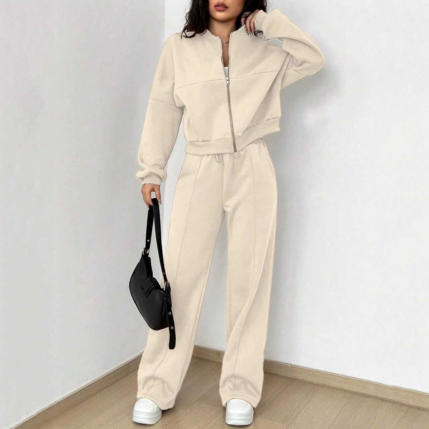 2026 New Spring Womens Zip Up Bomber Jacket and Drawstring Flared Pants Suit Fashion Casual Cozy Daily Sporty Simple Style Sets M260313