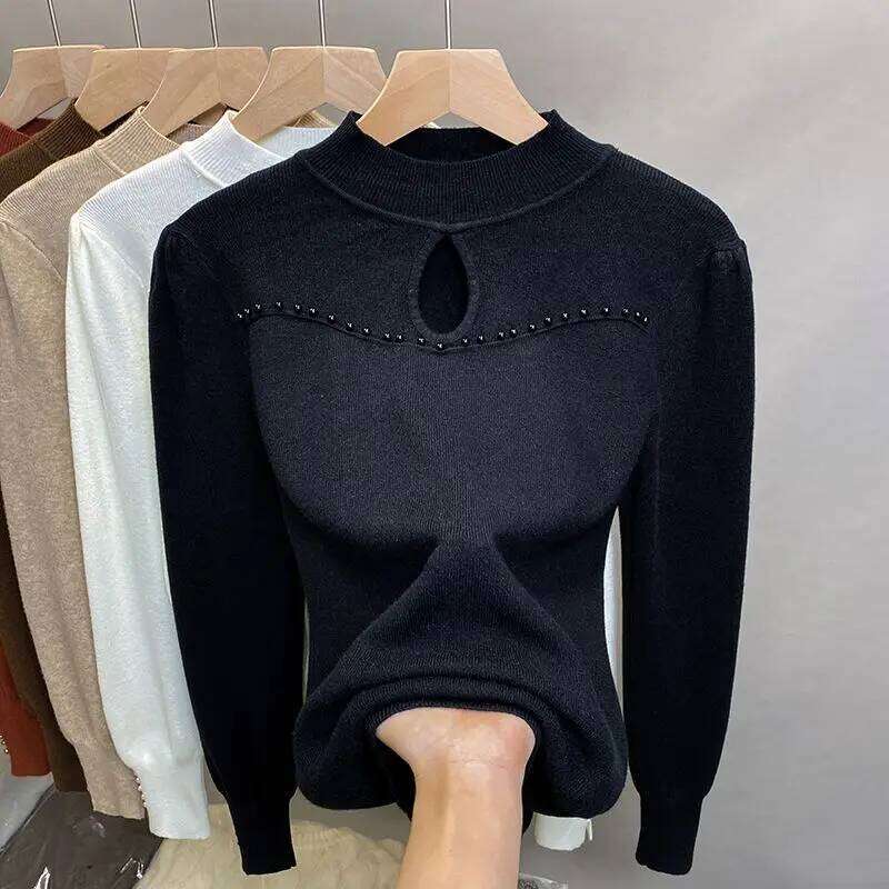 Oversized Half Height Collar Embroidered Flares Knitting Bottoming Shirt Sweater Ladies Office Lady Hollow Out Pullovers Top Tee Z260314