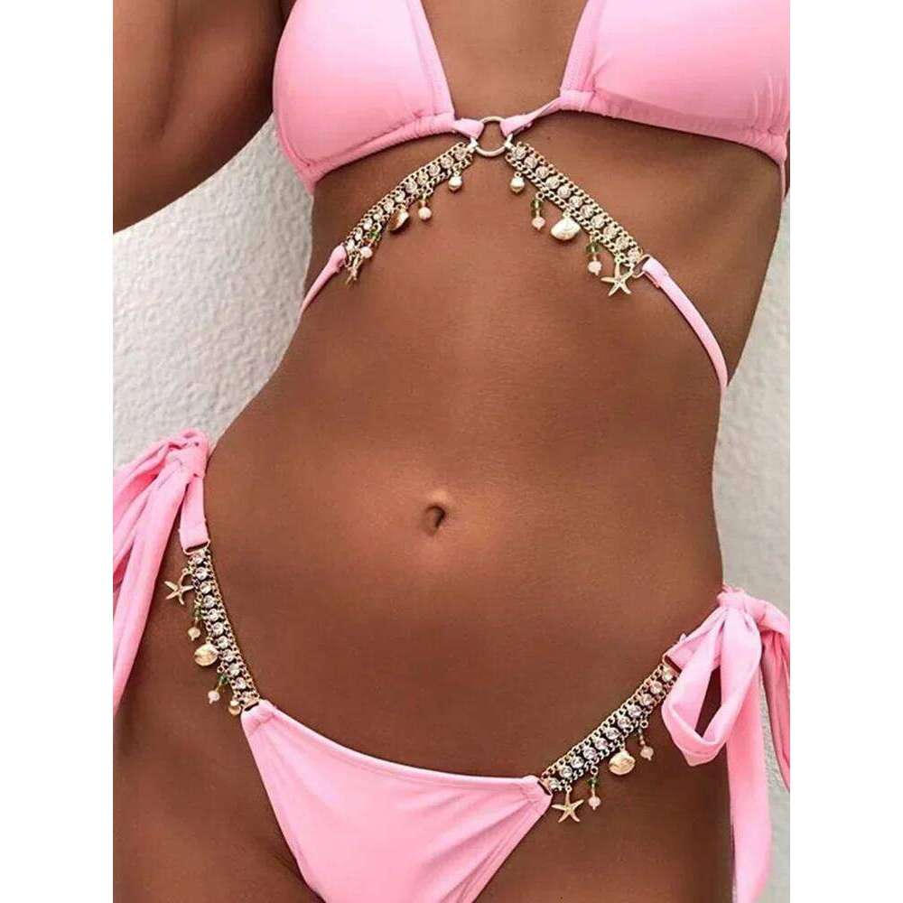 Wrap Around Halter Metal Chains Bikinis 2025 Diamond Women Swimsuit Female Swimwear Two Pieces Bikini set Bathing Suit Y260303