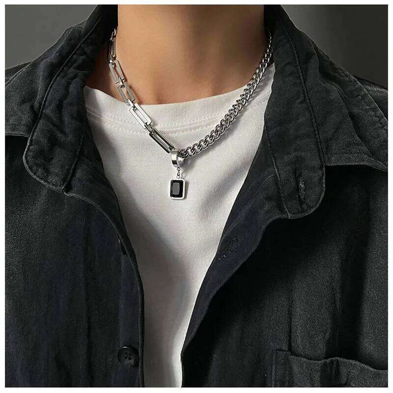 Stainless Steel Cuban Chain Choker for Men Black Square Pendant Necklace Male Chains Cool Hip Hop Neck Jewelry New H260312