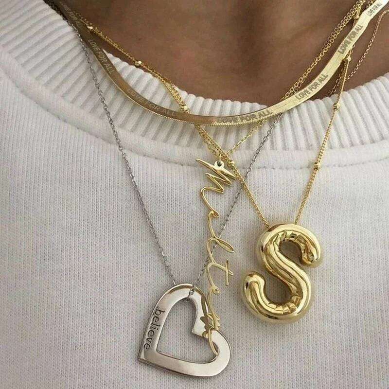 Delicate Chunky Alphabet Balloon Bubble Initial Letter Pendant Necklace for Women Men Stainless Steel Gold Plated Necklaces H260312
