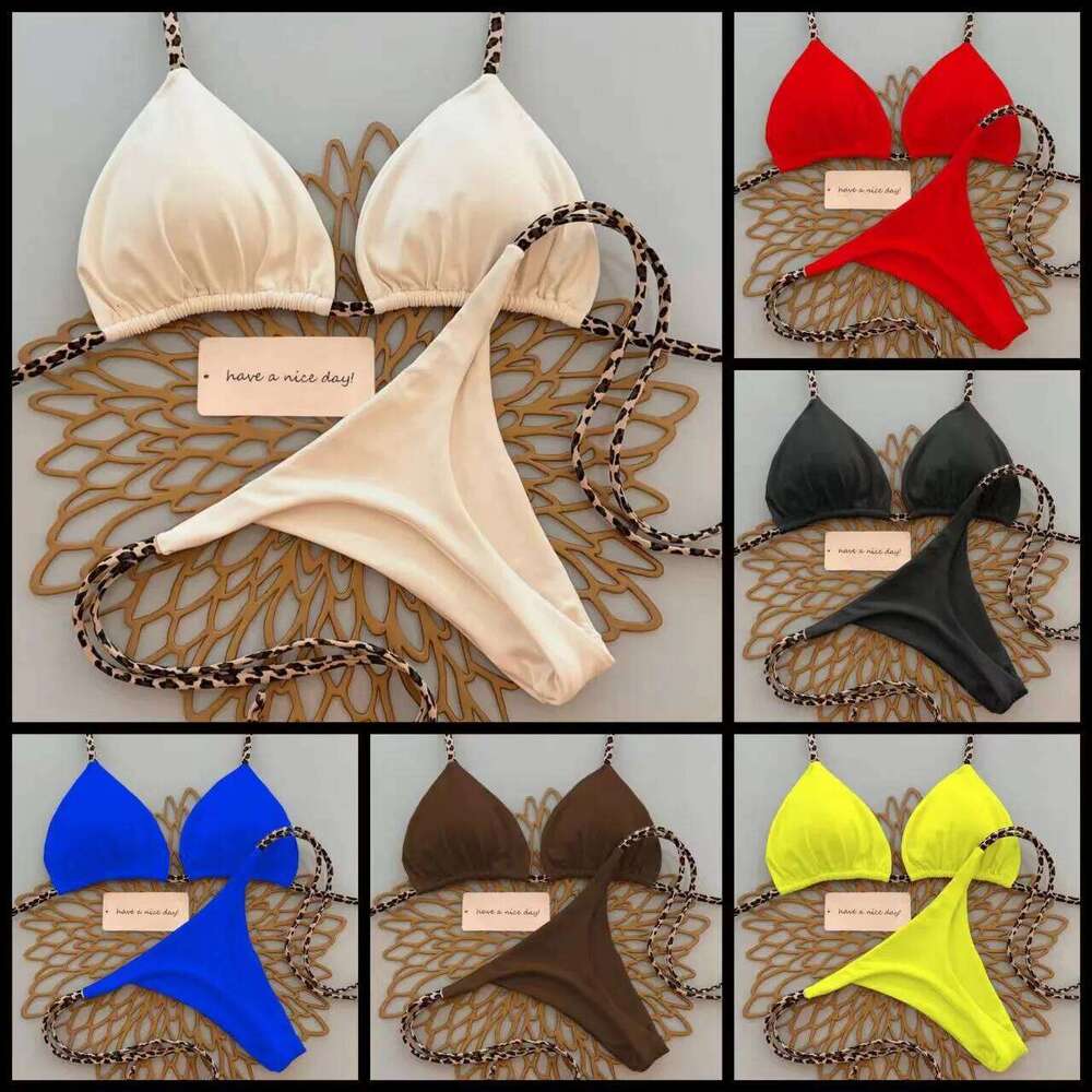Sexy Bikini Women's Swimsuit Strap Halter Neck Triangle Cup Beachwear Pure Color Cheeky Two Piece Swimsuits Bathing Swimwear 26H0313