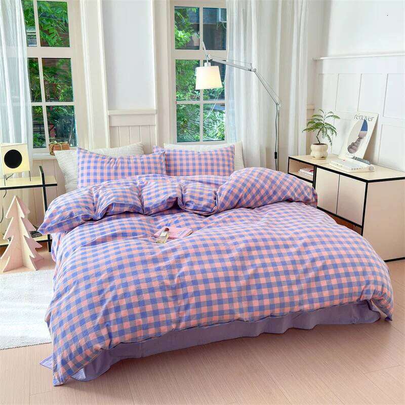 100% Cotton Colorful Plaid Duvet Set Girls Women Bedroom Purple and Pink Striped Reversible Bedding Comforter Cover 3 Pcs H260312 - view 3