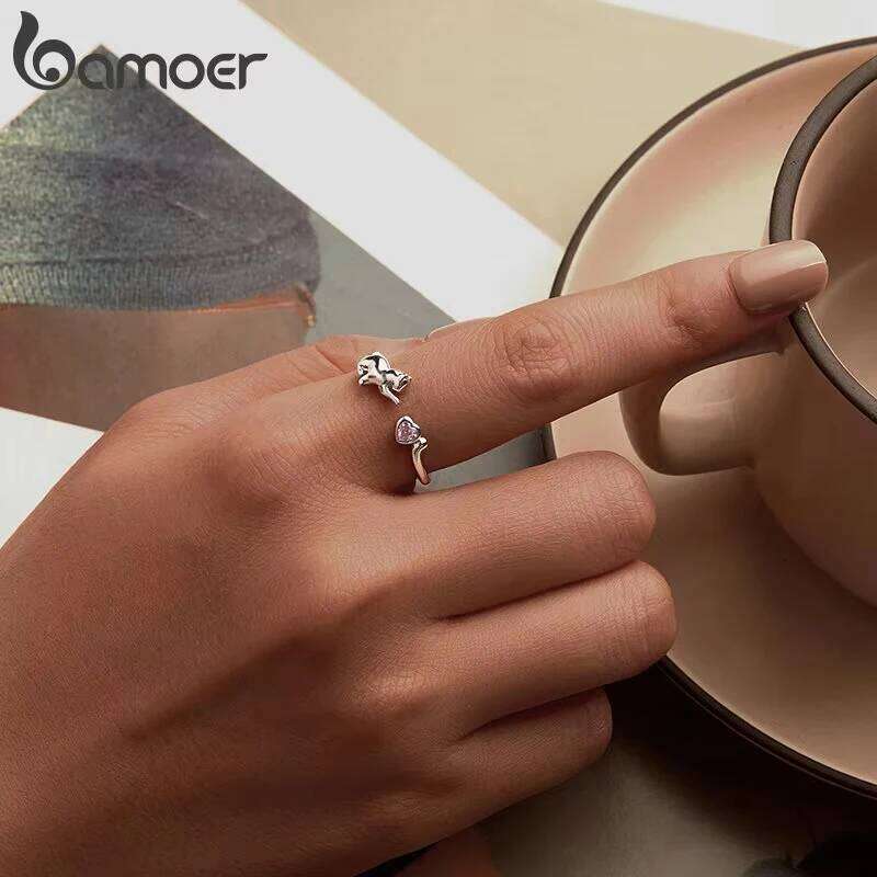 BAMOER 925 Sterling Silver Cute Cat Women, ly Animals Open Statement Ring Jewelry Gift for Pet r H260312