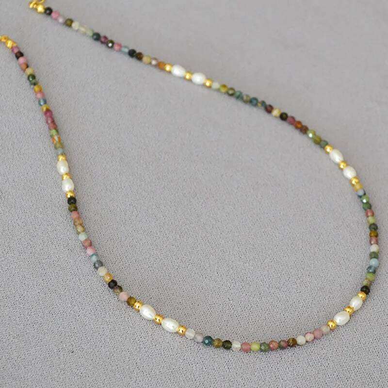 French retro art colored tourmaline real stone freshwater rice grain pearl bead short style fine necklace collarbone chain H260312