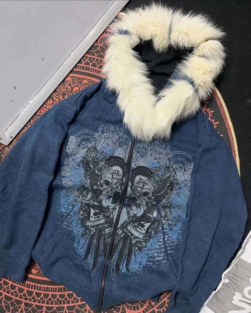 American Vintage Rock Gothic Graphic Fur Collar Loose Zipper Sweatshirt Men Y2K New Harajuku Punk Casual Joker Hoodie Streetwear Z260314