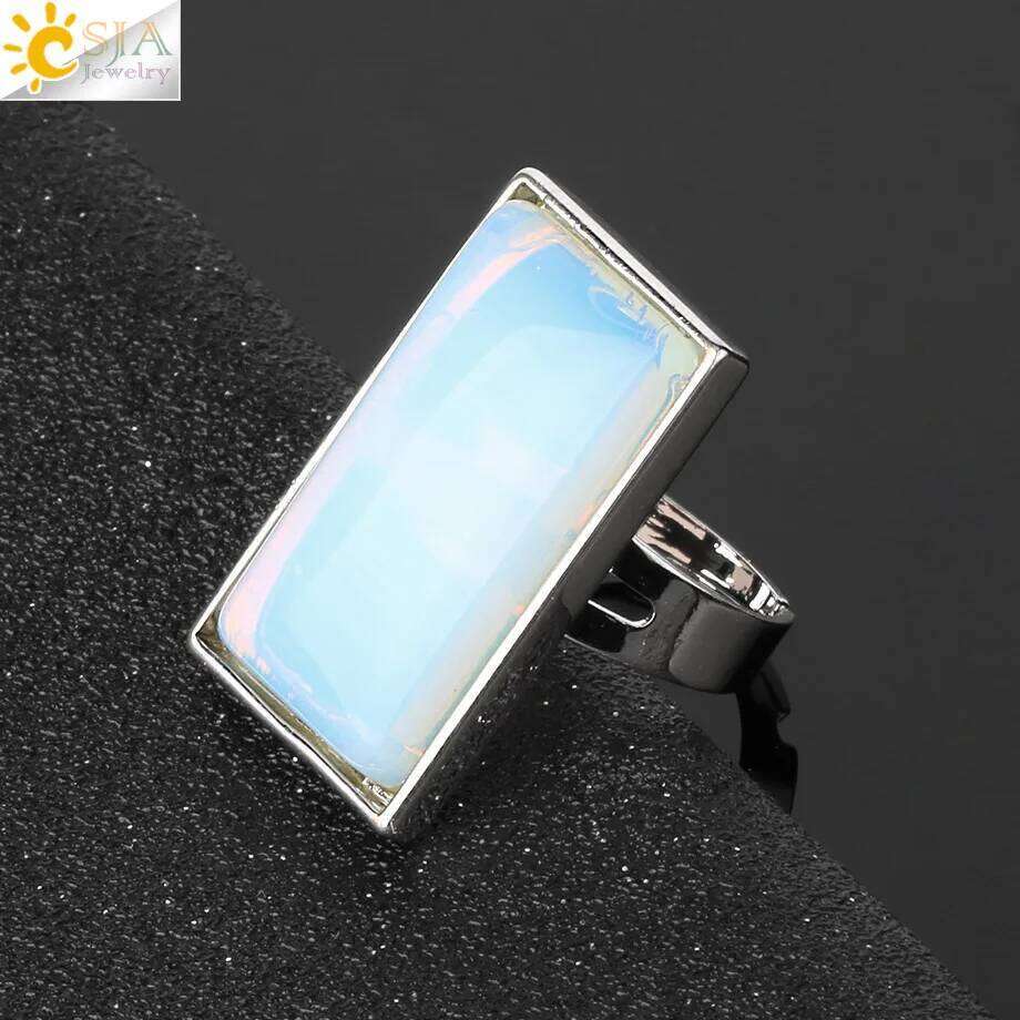 CSJA Rectangle Natural Stones Finger Rings Silver-color Adjustable Ring Healing Crystal Pink Quartz Women Statement Jewelry G456 H260312