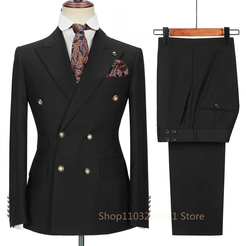 2024 New Men Casual Boutique Business Slim Solid Color Double Breasted Formal Suit 2 Pcs Set Dress Blazers Jacket Pants Trousers M260313