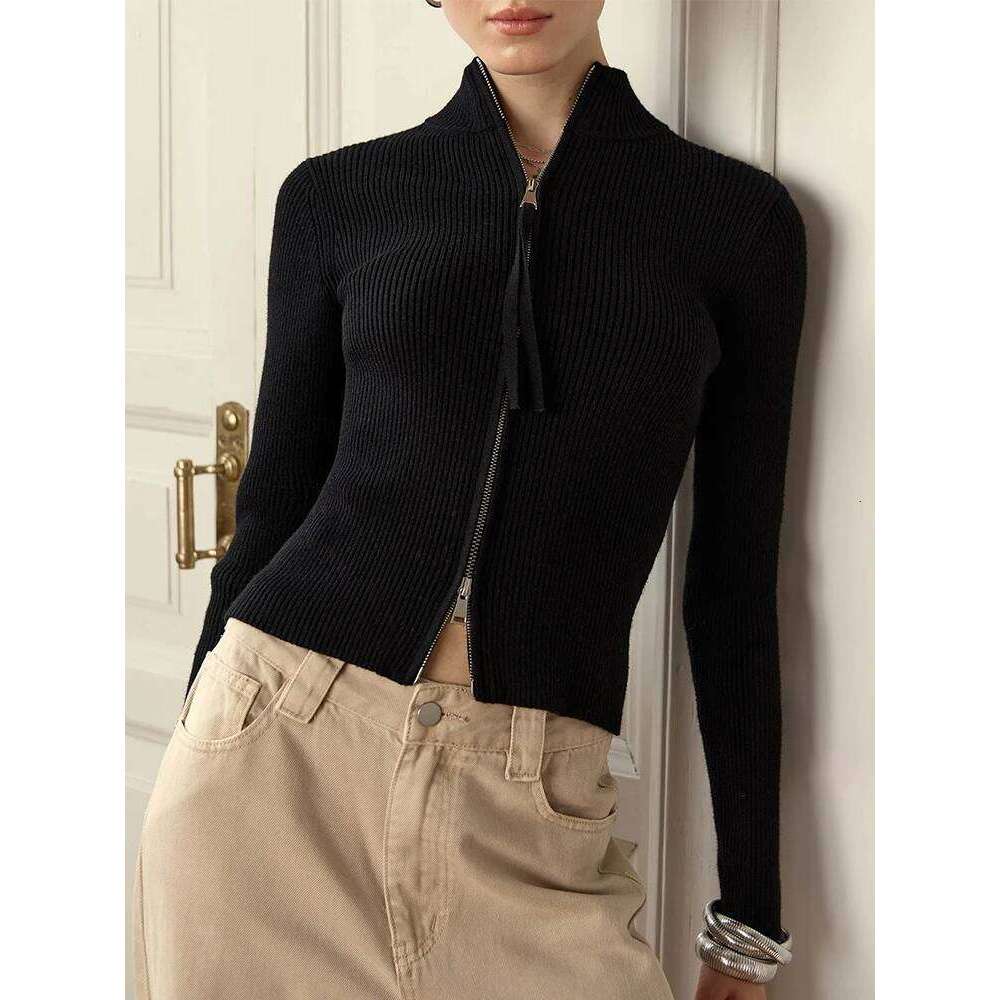 Trendix Women Winter Knit Cardigan Fashion Stand Collar Patchwork Long Sleeve Zipper Sweater Femme Slim Knitted Rib Cardigans Z260314