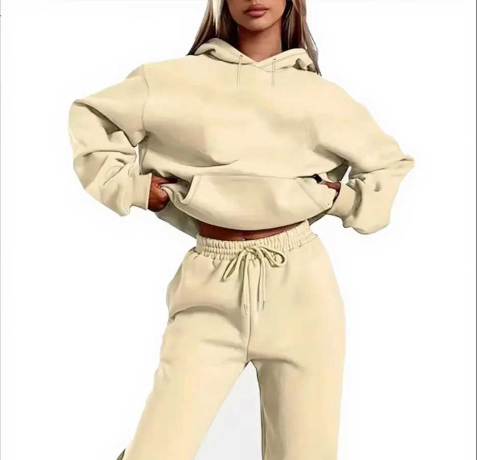 2024 Autumn/Winter New Women Fashion Trendy HoodieSports Pants Two Piece Solid Color Loose Fitness Training Jogging Set M260313