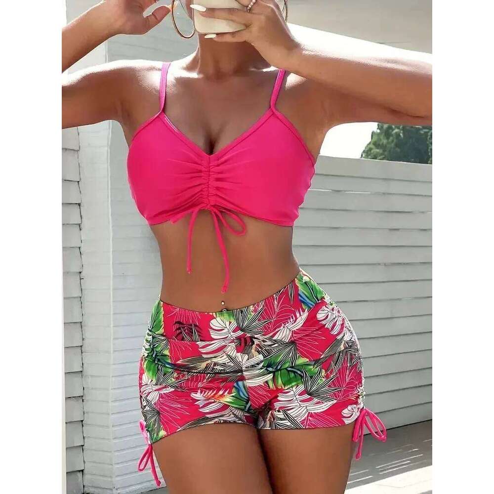 Tropical Leaf Print V-Neck High Waist Bikini Set Two Piece Swimsuits Women's Swimwear and Clothing biquinis mujer Y260303