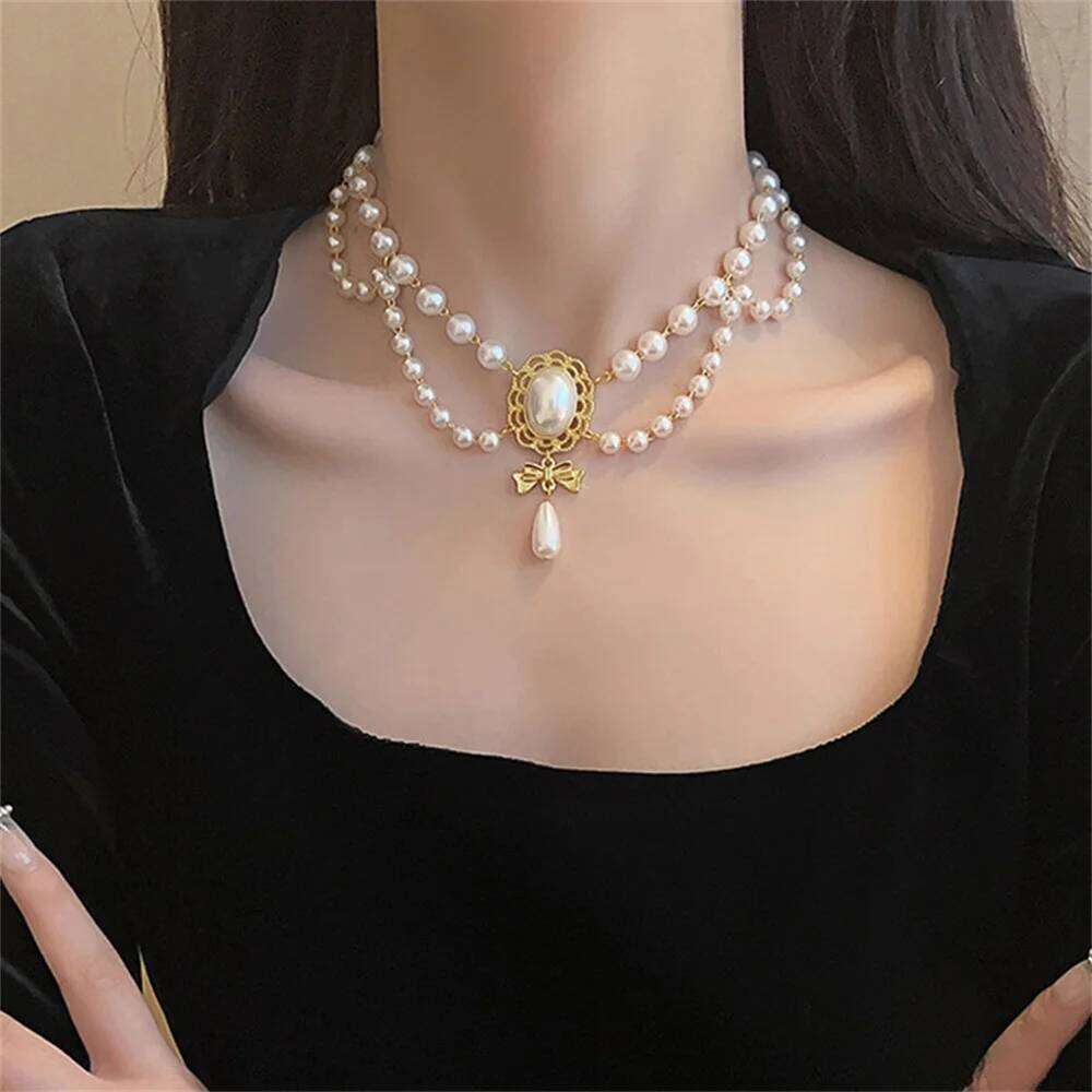 Multi-Layer White Heart Vintage Pearl Choker for Women Elegant Bowknot Pendant Wedding Necklace Jewelry H260312
