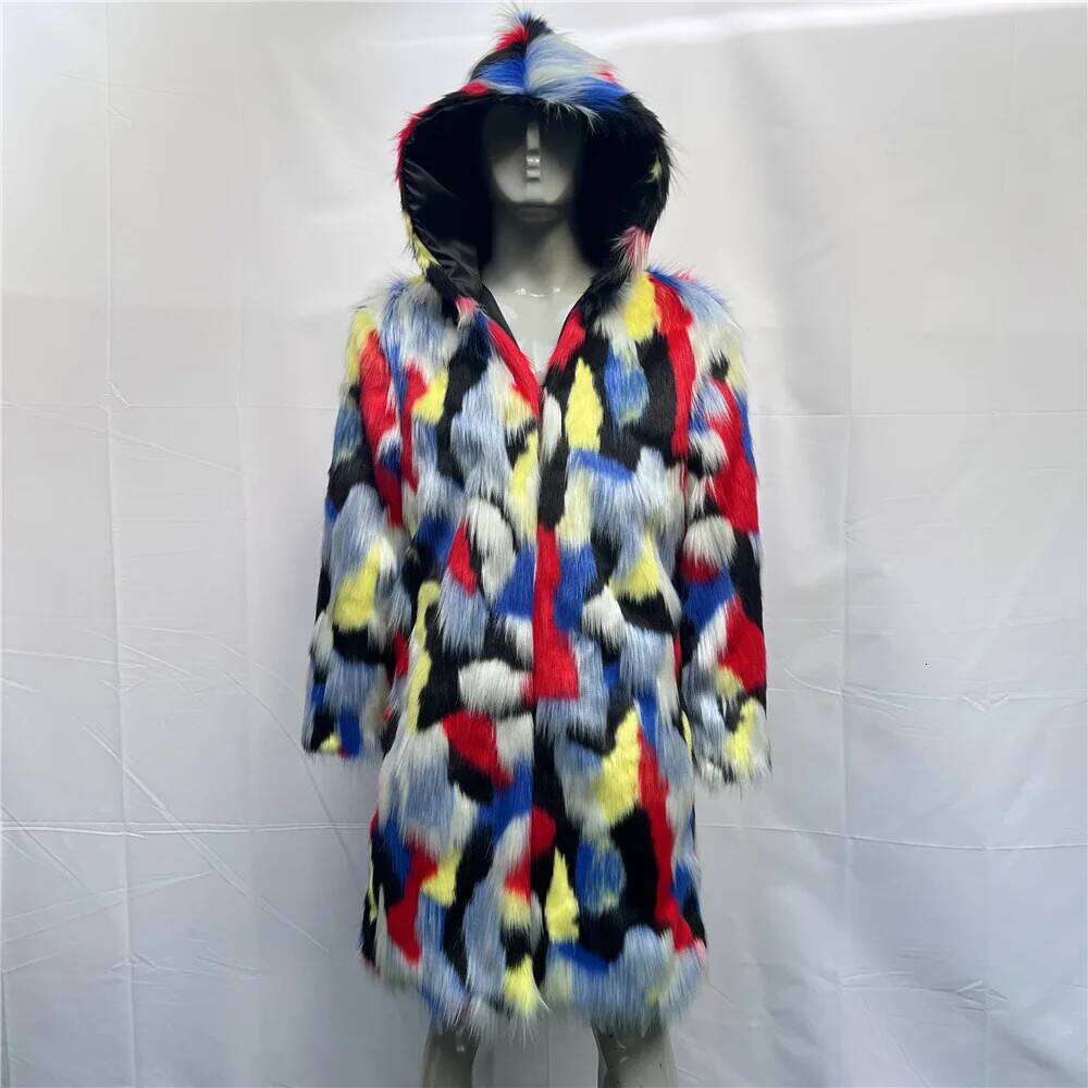 Colorful Patchwork Winter Warm Man Woman Vintage Fuax Long Coat Hip Hop Punk Fur Hooded Jacket Z260313