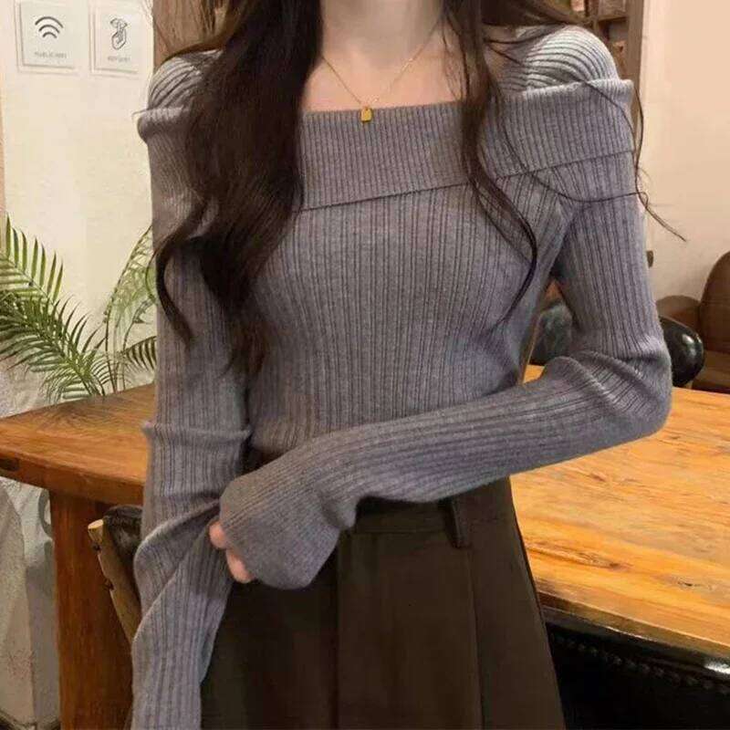Women Off the Shoulder Sweater Top Ribbed Knit Long Sleeve Pullover Fitted Plain Jumper Ladies Fall Winter Elegant Outfit Z260314