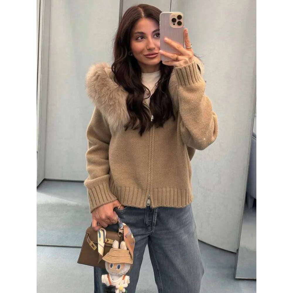 Tossy Winter Female Sweater Hoodie Fluffy Zipper Patchwork Long Sleeve Ribbed Solid Knit jacket Coat Women's Cardigan Z260314