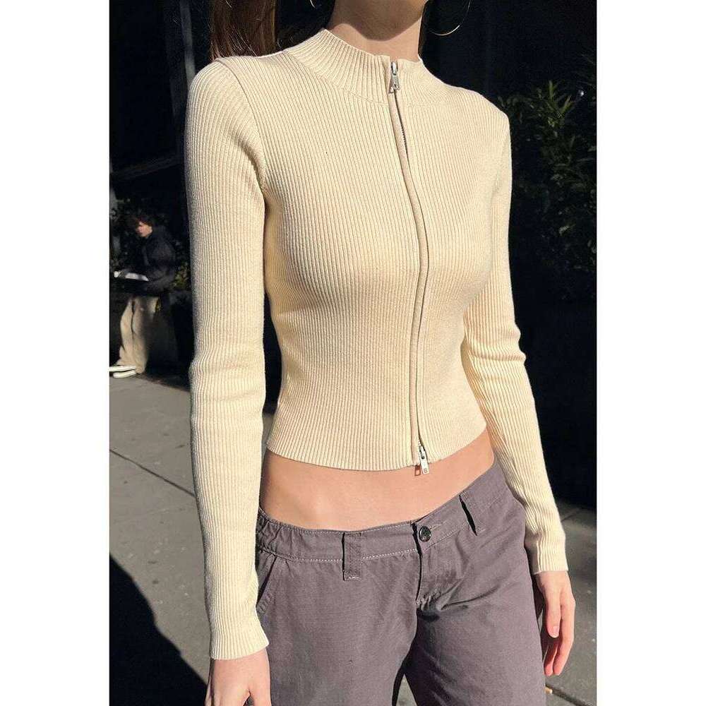 Solid Sexy Slim Knitted Sweater Women Autumn Soft Cotton Double Zippers Crop Top Vintage Simple Sweet Cardigan Tops Y2k Z260313