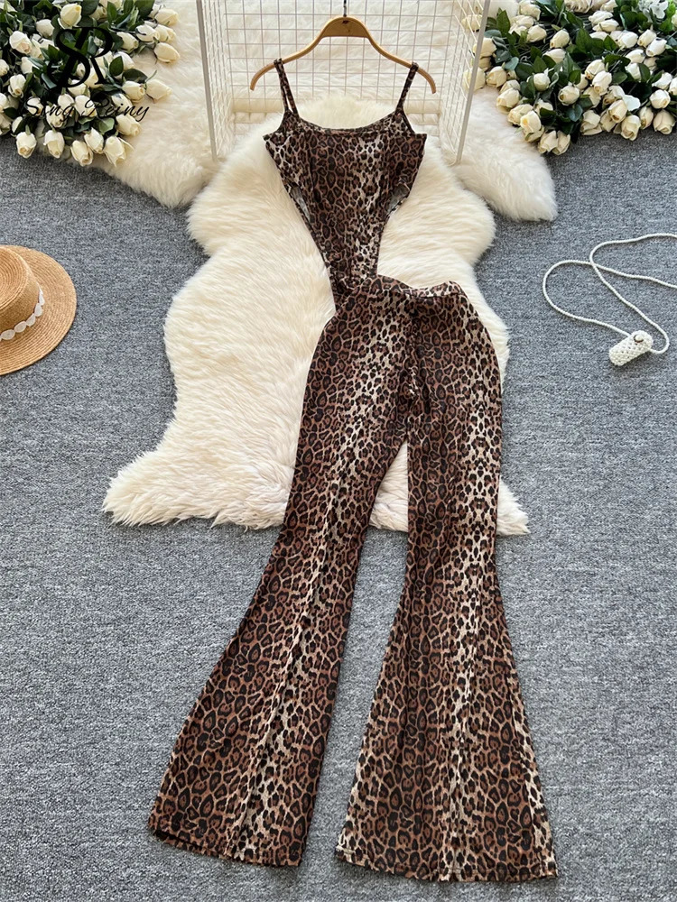 SINGREINY 2026 est Leopard 2pcs Suits Women Sexy Strap TopsElastic Waist Flared Pants American Ins Fashion sweet Sets 260309