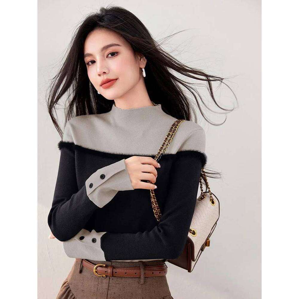 Half Turtleneck Colorblock Knitted Women's 2024 Autumn Winter New Long Sleeve Bottoming Solid Sweater Female Slim Tops Z260314