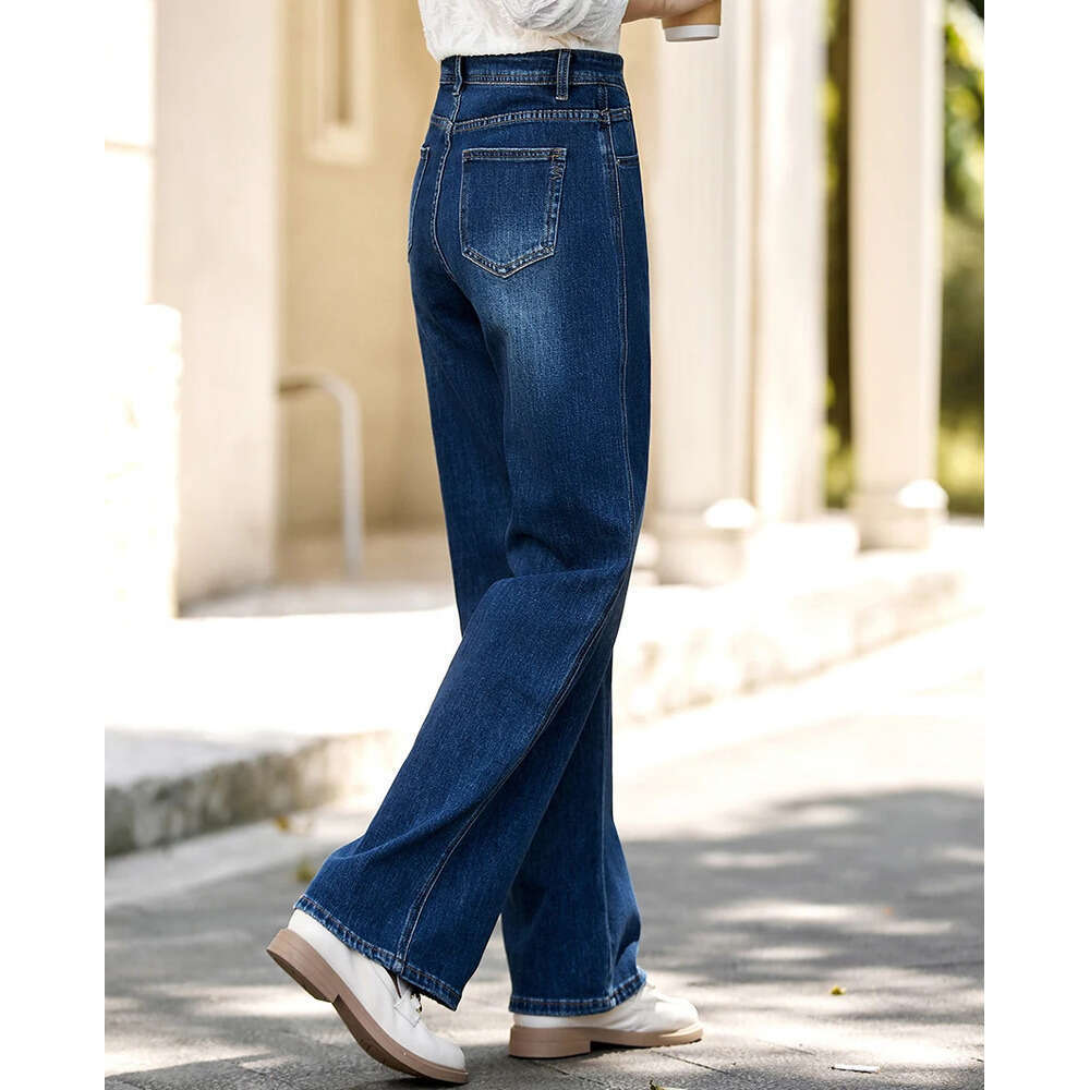 VIMLY Blue Denim Woman Pants Autumn Vintage 2025 New Straight Pockets Wide Leg Female Jeans Casual Button Trousers Ladies 75180 Z260313