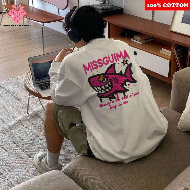 American Street Shark Print Autumn 2025 New 100% Cotton White Long sleeves Casual Loose T-shirt Top Y2k Men clothing Z260314