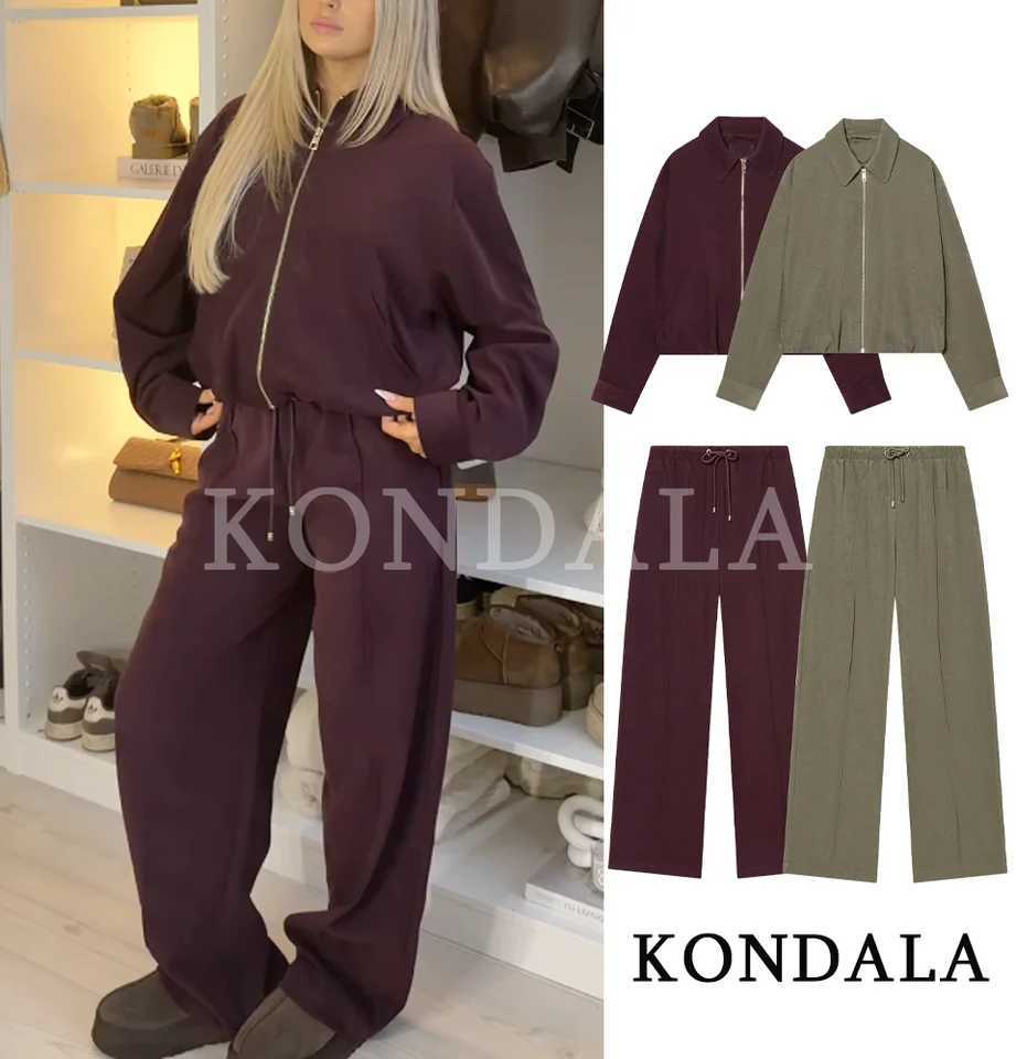 KONDALA Trendy Casual Pants Set Women Elegant High Street Loose Lapel Zipper Jacket Drawstring Trousers 2026 Spring Holiday Set M260313