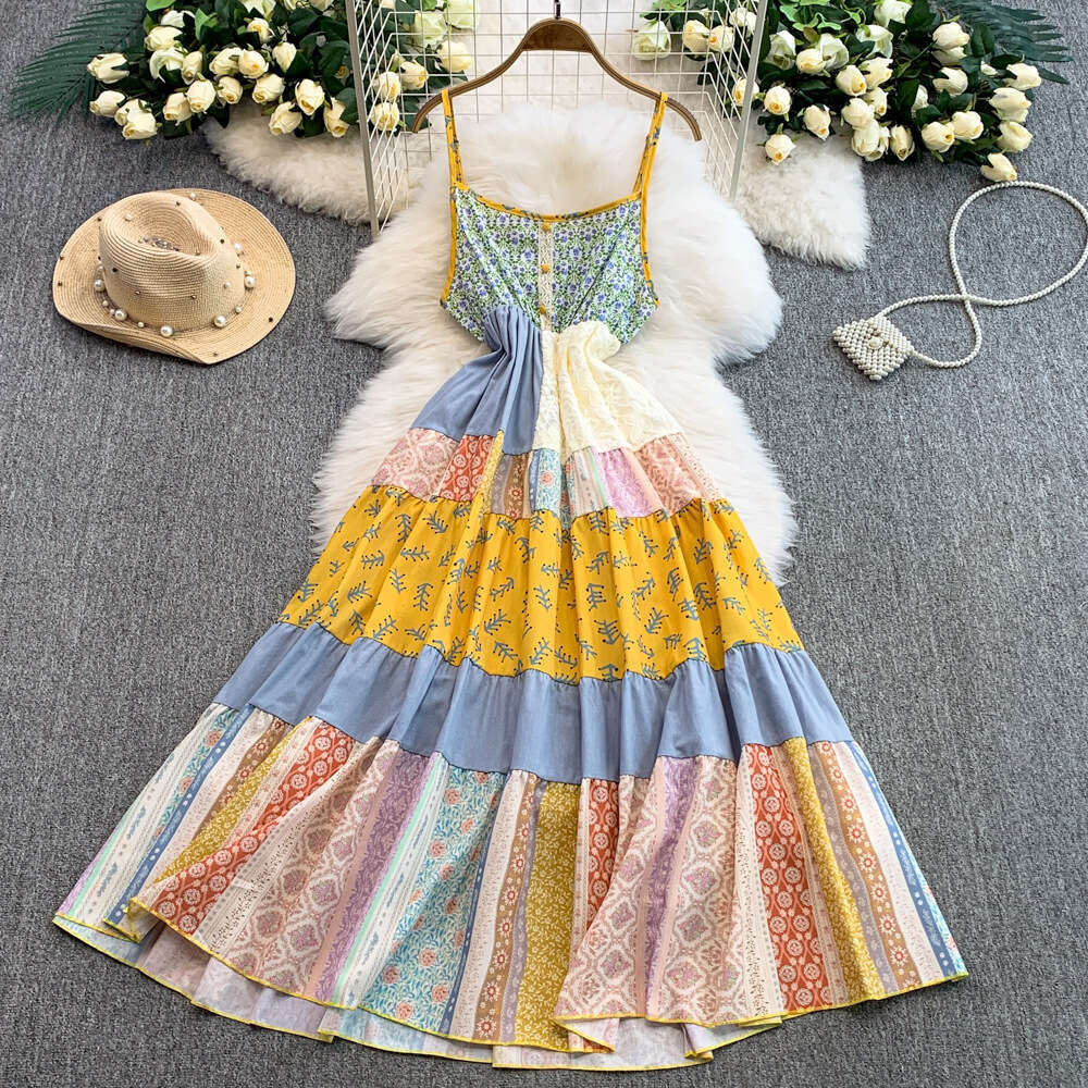 Dopamine Ethnic Belt Women's 2026 Summer Color blocked Flower Vacation Style Super Fairy Casual Long Dress