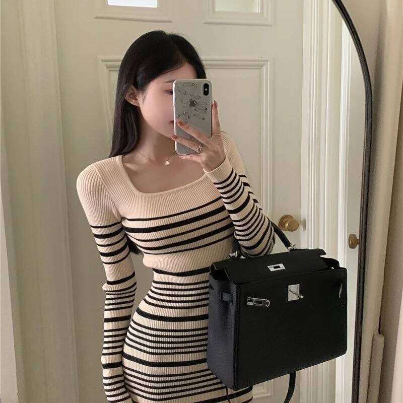 Square Collar Striped Knitted Long-sleeved Dress for Women Autumn Winter Korean Style Versatile Slim Hip Skirt Z260313