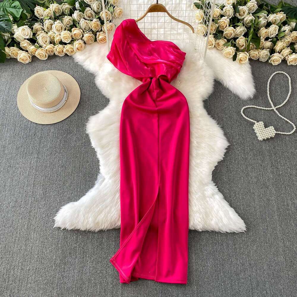 Elegant and exquisite women's off shoulder dress A13 with high-end summer design, diamond decoration, satin patchwork waistband