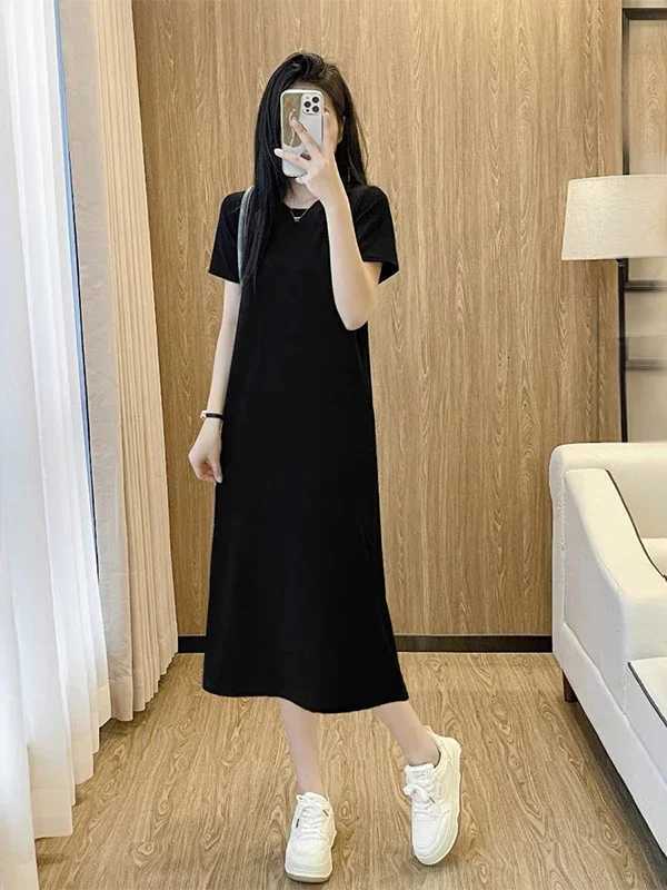 Early Autumn New Black Short Sleeved Dress Womens Straight Tube Loose Fit Slimming Round Neck T-shirt Long SkirtT260314